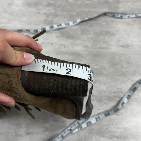 Sbicca Size 7.5 Khaki Sound Suede Leather Fringe Bootie Western Rodeo Heel Boots - Picture 3 of 12